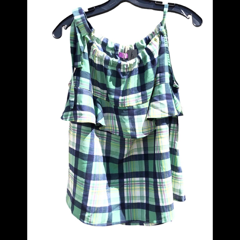 NWT LiE Ruffle Green Yellow Blue Plaid Whimsy Cami Top Size M $120